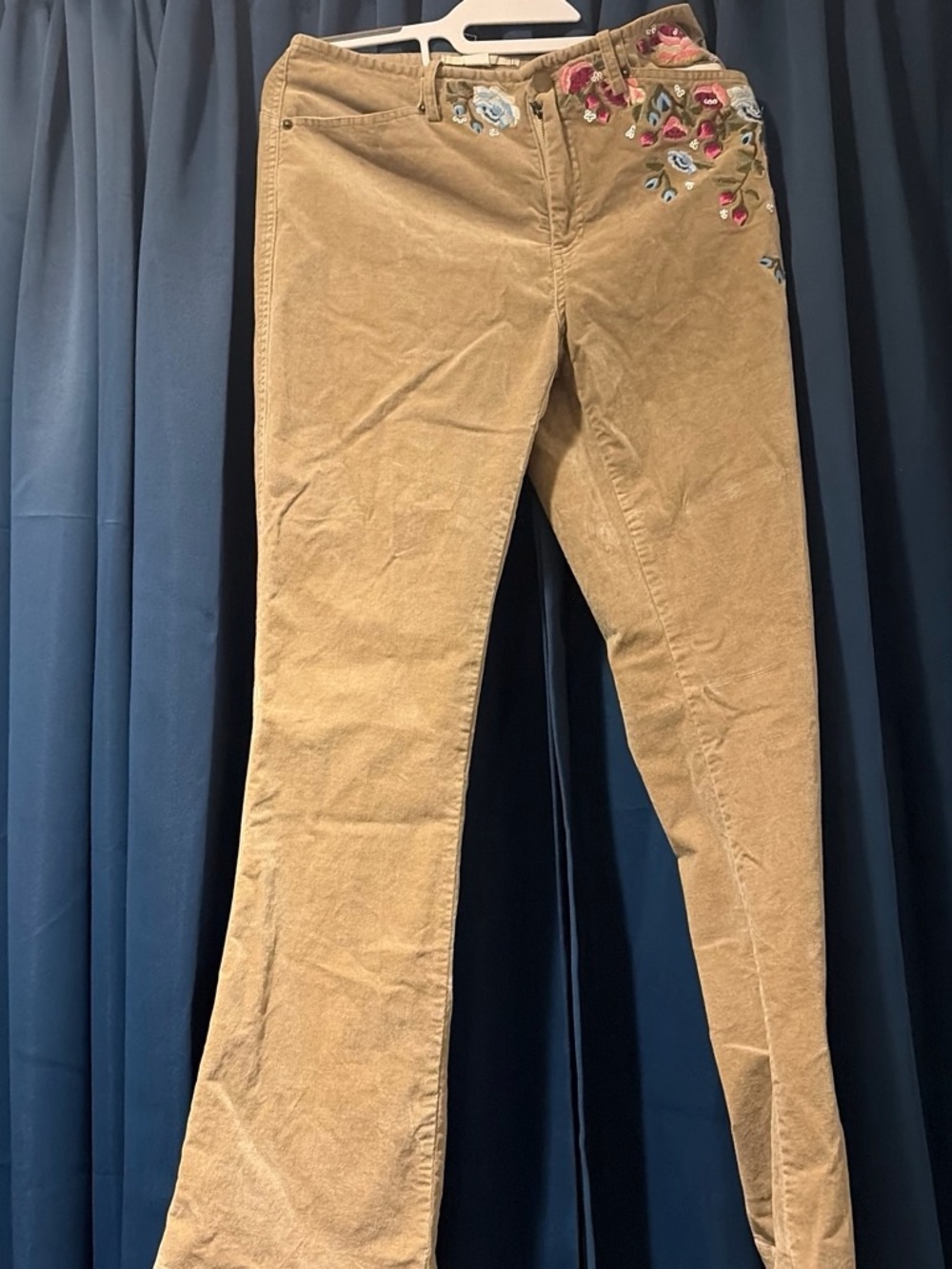 Kimchi Blue Tan Corduroy Flare Jeans with Embroidered Floral Detail
